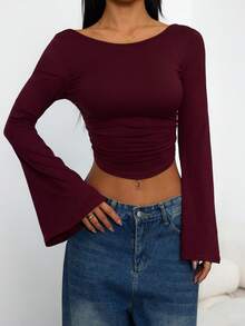 SHEIN PETITE 3件套女士纯色喇叭袖褶皱T恤，外出上衣，假日长袖露脐上衣，秋冬季，返校季，乡村音乐会，万圣节 - 彩色 - 查看 6