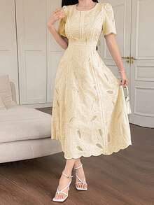 DAZY Vestido de verano de media longitud con cuello redondo, manga de pétalo y encaje floral elegante para mujer - Albaricoque - Ver 3