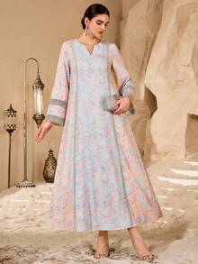 Al Najma Romantic Floral Lace Patchwork Loose Fashionable Dress For Women - Champagne - View 1