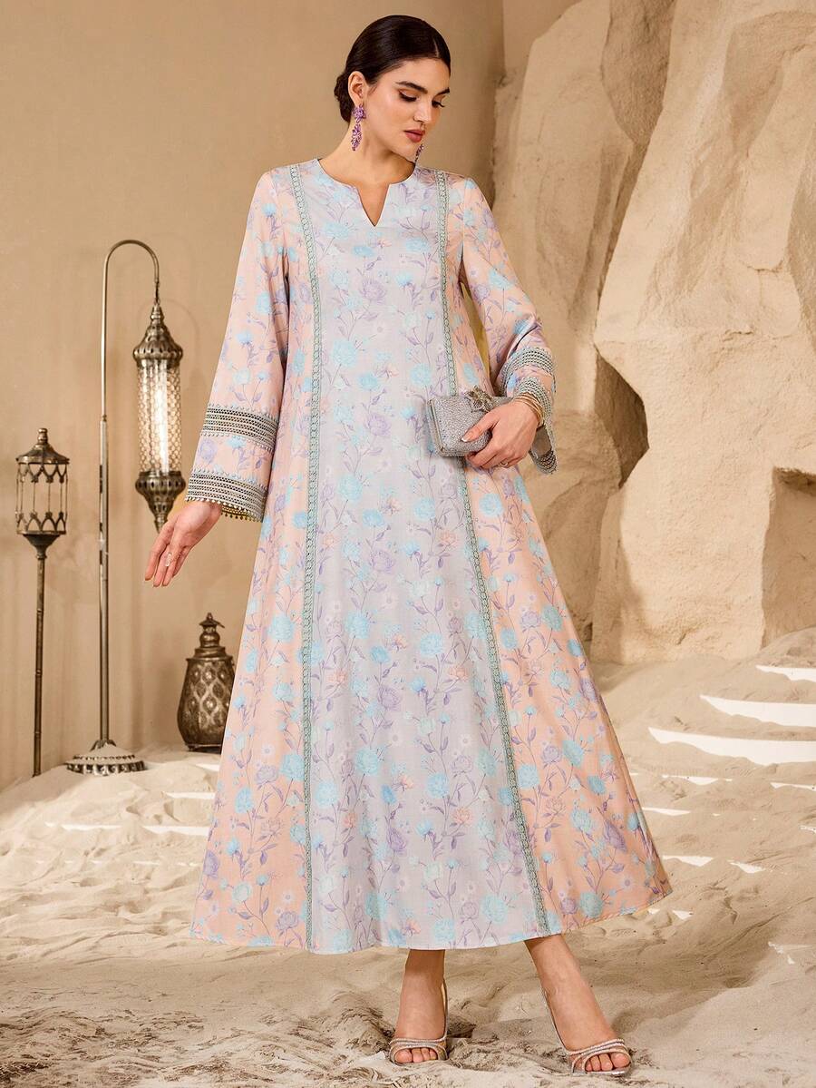 Al Najma Romantic Floral Lace Patchwork Loose Fashionable Dress For Women - Champagne - View 1