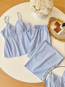 INAWLY Casual Striped Baby Blue Spaghetti Strap Camisole And Pants Co-Ords For Summer - Baby Blue - View 1
