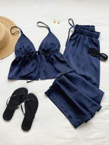 Comfortcana 女士海军蓝亚麻吊带背心和裤子两件套 - 藏蓝色 - 查看 5