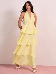 Enchnt V领露背系带荷叶边下摆度假风女装 - 黃色 - 查看 8