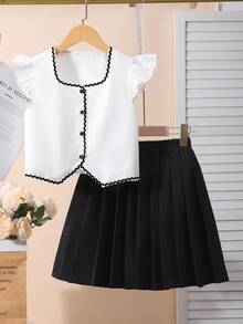 SHEIN Sleeveless Bow Tie Cardigan Top And Pleated Skirt Elegant 2-Piece Set For Tween Girls, Summer - White - View 10