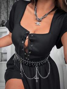 Flirla Summer Eyelet Lace-Up Square Neck Short Sleeve Midi Fitted Dress For Plus Size Women - Black - View 6