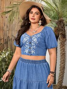 SHEIN LUNE Plus Size Sweetheart Neck Puff Sleeve Short Front Button Fashionable Denim Sexy Top Spring Summer Vacation - Blue - View 6
