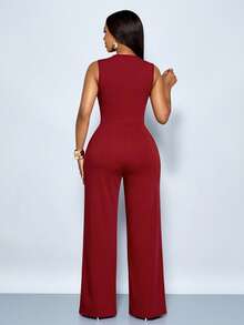 SOLERSUN Bộ jumpsuit nữ màu đỏ tía thanh lịch không tay, cổ chữ V sâu, khoét eo, thắt lưng kim loại xếp nếp, ống rộng, thích hợp cho buổi tối/tiệc tùng/hẹn hò. - Màu Đỏ Sâu - Xem 2