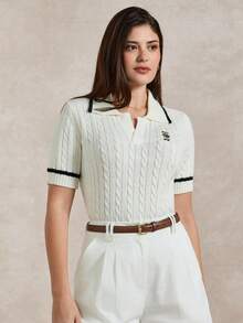 Briarwyn Women's Casual Contrast Trim Bear Embroidery Short Sleeve Sweater, Summer - White - View 7