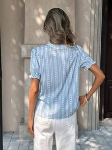 Pariaura Women's New Ruffled Collar Striped Pattern Button Front Fitted Blouse With Short Puff Sleeves - Blue - View 2