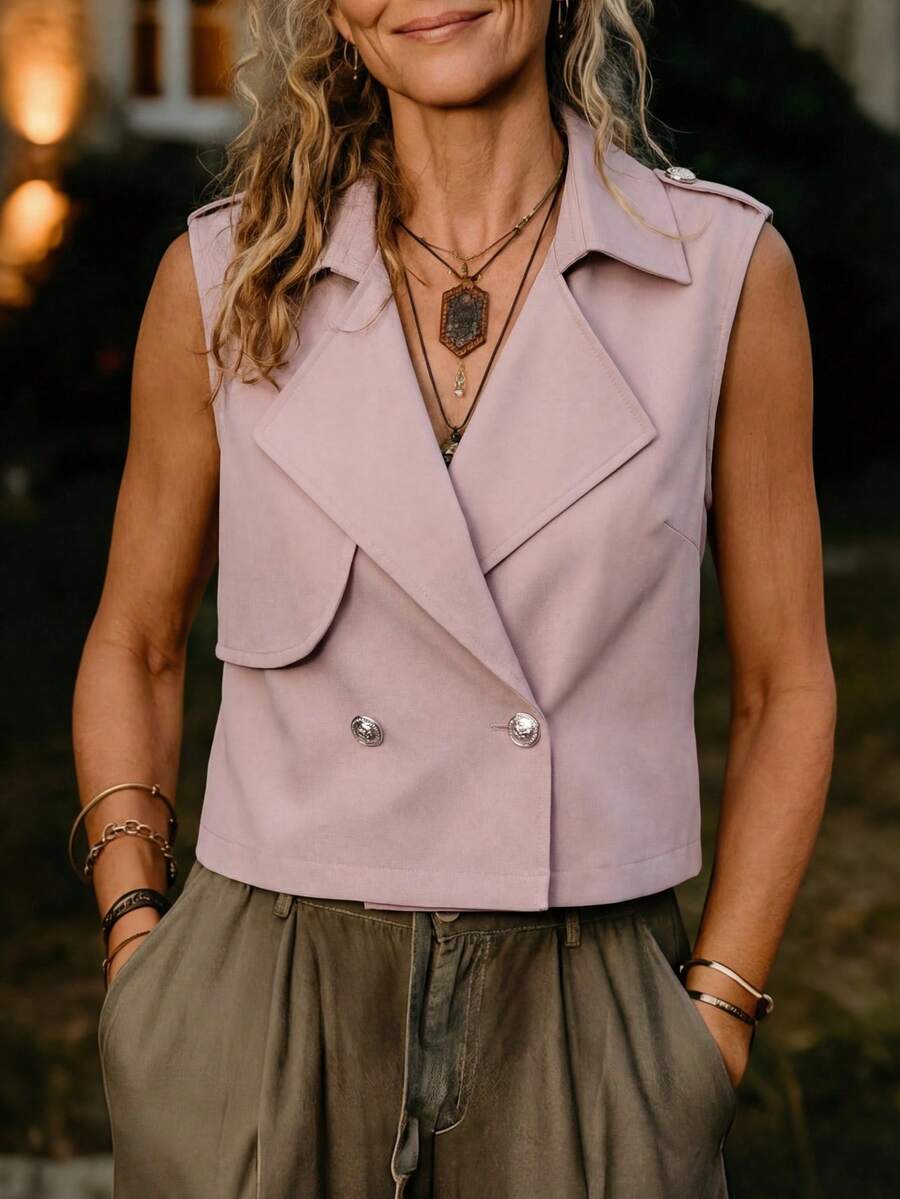 Franclia Abrigo de trinchera sin mangas con cuello de solapa de doble botonadura para mujer - Rosa Pálido - Ver 1