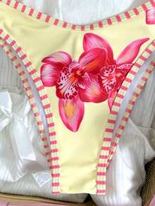 Swim Mod 2pcs/Set Teenage Girls Lily Flower Print Spaghetti Strap Triangle Bikini Top And V-Cut Bottoms - Multicolor - View 5