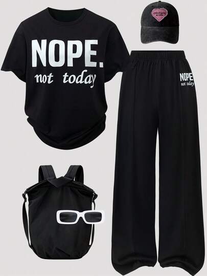 少女休闲百搭日常运动字母印花圆领短袖宽松T恤和开衩阔腿裤套装，春夏款