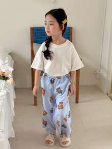 DAZY 2件套女童圆领针织长袖T恤+长裤家居服套装，秋季款 - 白色 - 查看 6