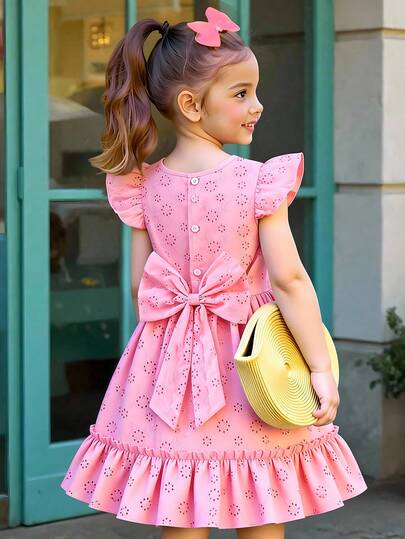 Young Girls Pink Embroidered Cap Sleeve Waist Cinched Dress, Sweet & Cute Outdoor/Holiday Wear For Summer