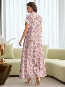 Al Najma Elegant Floral Print Patchwork Lace Trim Long Dress With Short Sleeves, For Spring/Summer - Bubblegum Pink - View 6