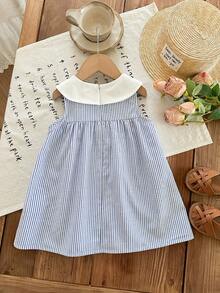 SHEIN 女婴可爱条纹彼得潘领蝴蝶结连衣裙，学院风 - 藍色 - 查看 2