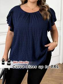 SHEIN CURVE+ 大码女式早春蓝色花瓣袖衬衫 - 藏蓝色 - 查看 3