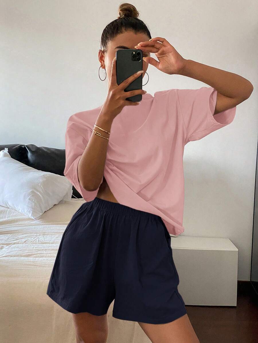 DAZY 2件套纯色宽松短袖短裤套装，女士夏季休闲睡衣 - 淺粉色 - 查看 1