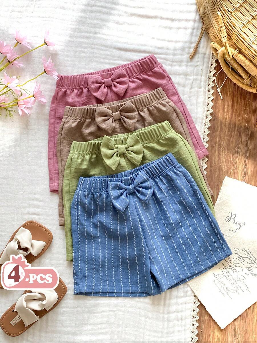 SHEIN Vintaside Kids 4件套女童休闲弹力腰蝴蝶结装饰直筒短裤,绿色/卡其色/粉色/蓝色,百搭时尚夏季短裤 - 彩色 - 查看 1