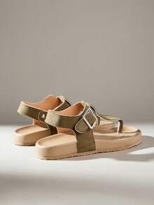 Solecia 女士休闲棕色露趾系带平底凉鞋，舒适春夏度假鞋 - 墨綠色 - 查看 4