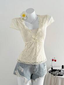 Elamini Elegant Sexy Delicate Sheer Lace Deep V-Neck 2 In 1 Fitted Bow Tie Decor Y2K Crop Top - Beige - View 4