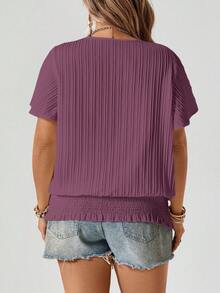 Freevana Maroon Summer Boho Vacation Women's Plus Size Blouse,Ruffled Hem Elastic Waist Short Sleeve Round Neck Pullover Top,Casual Smart Business Tops - Purple - View 2