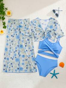 SHEIN 4pcs Tween Girl Blue Floral Mesh Solid Color Swimwear Set,Modest Summer Beach Holiday Resort Wear Three Pieces Swim Suit With Long Cover Up Skirt - Blue - View 2