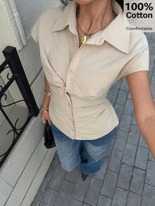 Siren Gaze 优雅扭结前襟纯色修身短袖衬衫，通勤风格，适合返校季和夏季穿着 - 杏色 - 查看 3