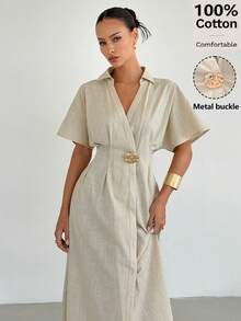 Siren Gaze Robe longue fendue pour femme en 100 % coton, col V, boucle métallique à la taille, style français élégant, beige, plissée, coupe trapèze, manches courtes, pour l'été, les vacances et les fêtes - Nude - Voir 6