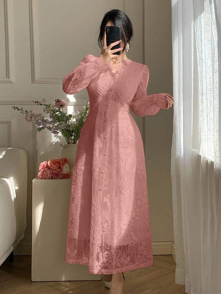 DAZY エレガントなVネックレースペタルスリーブロングドレス、春夏の