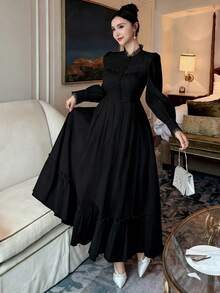 DAZY 女士优雅蕾丝拼接立领花瓣袖连衣裙，秋季吊带裙 - 黑色 - 查看 4