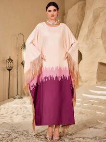 Al Najma Women's Ombre Casual Elegant Asymmetrical Tassel Batwing Sleeve Arabic Style Dress - Coral Pink - View 5