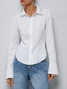 Maija Women's Fashion Elegant White Button Up Shirt,Autumn Office Business Casual Colorful Rhinestone Decor Collar Long Sleeve Curved Hem Shirt For Women - White - View 5