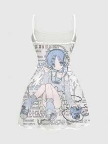 ROMWE Women's Y2K Anime Character & Slogan Print Waist Cinched Mini Cami Dress, Summer - Blue - View 2