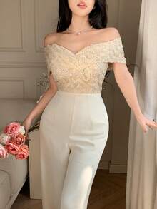 DAZY 女士优雅亮片拼接露肩阔腿连体裤，夏季 - 米色 - 查看 8