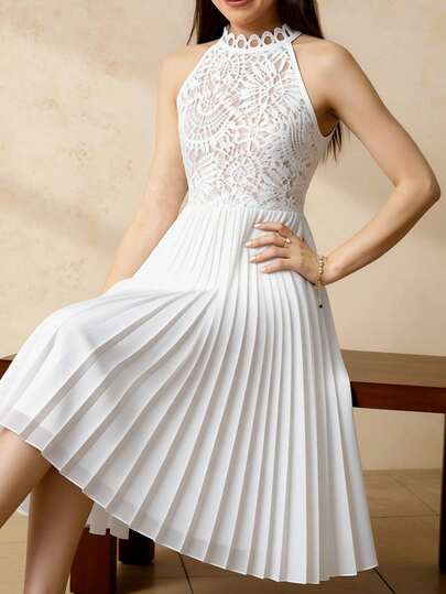 SHEIN Elegant Lace Trim Sleeveless Ruffle Dress For Teen GirlWhite Chiffon Dress Suitable For Daily Wear, Birthday Party, And Various Gatherings In Spring And Summer