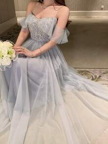 DAZY 女士优雅伴娘礼服，蕾丝拼接荷叶边下摆，中长无袖连衣裙，适合夏季，婚礼宾客礼服，女士长款连衣裙 - 藍色 - 查看 7