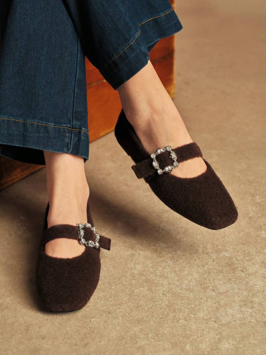 Rosivie Women's Classic Crystal Decorated Square Toe Flat Shoes - Brown - View 1