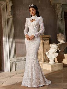 Aureia Elegant Lace Mermaid Wedding Dress With Stand Collar, Ruffled Hem, Sheer Lace Details, And Long Train - White - View 5