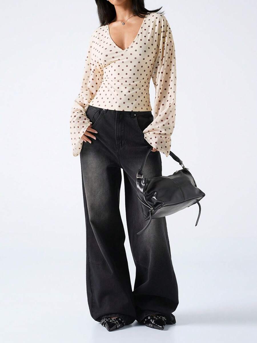 LYSMO 女士波点印花V领修身休闲长袖上衣 - 淡黃色 - 查看 1