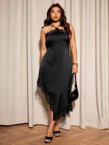 Elaquor 大码性感纯色蕾丝拼接不对称下摆无袖连衣裙 - 黑色 - 查看 1