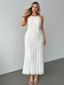 Auralis 新款夏季休闲加大码露背系带纹理雪纺轻盈飘逸褶皱双层直筒连衣裙/日常连衣裙/流行白色连衣裙/情人节连衣裙 - 白色 - 查看 7
