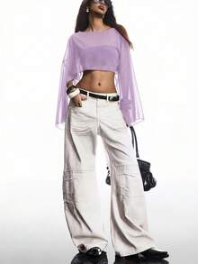 SHEIN EZwear Women's Solid Color Cape Sleeve Sheer Cropped Shirt,Summer Top - Mauve Purple - View 5