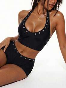 Swim Basics 女士时尚性感金属孔眼吊带背心套装，夏季 - 黑色 - 查看 1