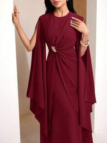 Veilorie Twist, Pleated Decor Button Waist Elegant Summer Dress - Burgundy - View 3