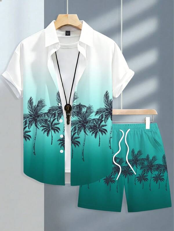 Manfinity RSRT Conjunto de camisa de manga corta y pantalones cortos con estampado degradado de palmeras para hombres, conjunto de 2 piezas de estilo tropical para vacaciones, ropa de playa para hombres