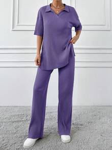 EURMUSE Cotton Two Pieces Set Polo Neck Top And Pant Set Rib Knit Fabric - Purple - View 5