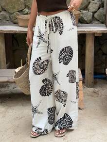 Aloruh 女士休闲低腰系带热带海洋印花阔腿裤 - 彩色 - 查看 6