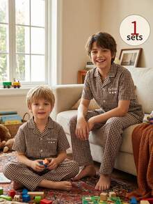 Tween Boys Pajamas-2 Pieces Summer Pajama Set Brown Gingham Short Sleeve Button Shirt With Collar Long Pants Sleepwear Relaxed Fit Holiday 2026 Essential Nightwear Lightweight Cute Stars Embroidered Classic Casual Home Gift Perfect Lounge - Mocha Brown - View 4