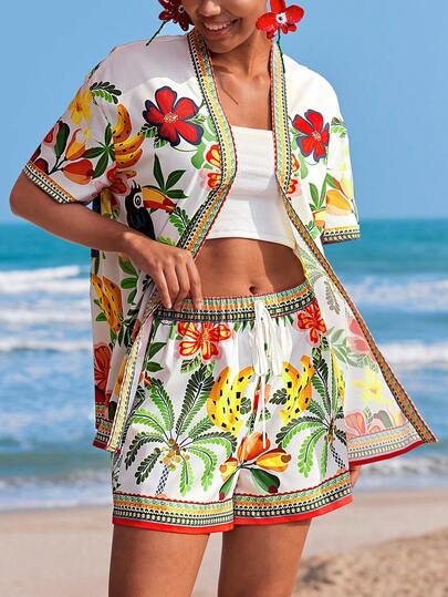 Travachic 2件套 女士夏季度假宽松梭织短袖衬衫和高腰宽松短裤套装